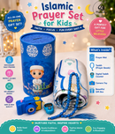 5-piece kids prayer mat gift bundle inside a pink / blue illustrated storage tube featuring a mini pink / blue camera toy, digital tasbih counter, and traditional maroon /blue prayer beads, prayer mat 
