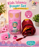 5-piece kids prayer mat gift bundle inside a pink / blue illustrated storage tube featuring a mini pink / blue camera toy, digital tasbih counter, and traditional maroon /blue prayer beads, prayer mat 