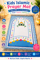 5-piece kids prayer mat gift bundle inside a pink / blue illustrated storage tube featuring a mini pink / blue camera toy, digital tasbih counter, and traditional maroon /blue prayer beads, prayer mat 