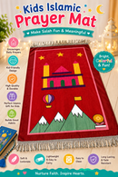 5-piece kids prayer mat gift bundle inside a pink / blue illustrated storage tube featuring a mini pink / blue camera toy, digital tasbih counter, and traditional maroon /blue prayer beads, prayer mat 