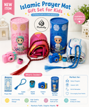 5-piece kids prayer mat gift bundle inside a pink / blue illustrated storage tube featuring a mini pink / blue camera toy, digital tasbih counter, and traditional maroon /blue prayer beads, prayer mat 