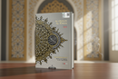 Compact A5 size Maqdis Al-Quran Al Kareem displaying original Arabic text with direct word-by-word English translation underneath and side margins showing Muhsin Khan translation.