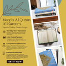Maqdis Al-Quran Al Kareem A4 size with black cover, featuring word-by-word English and Arabic translation and color-coded Tajweed rules