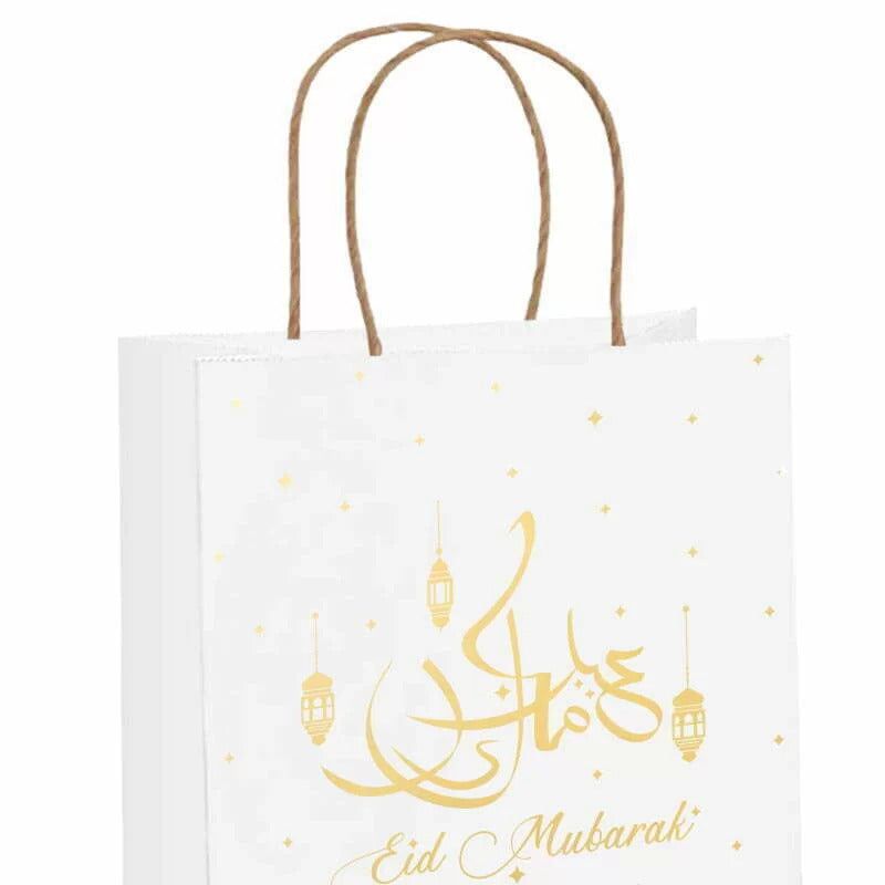Eid Mubarak Paper Gift Bag – White with Gold Design