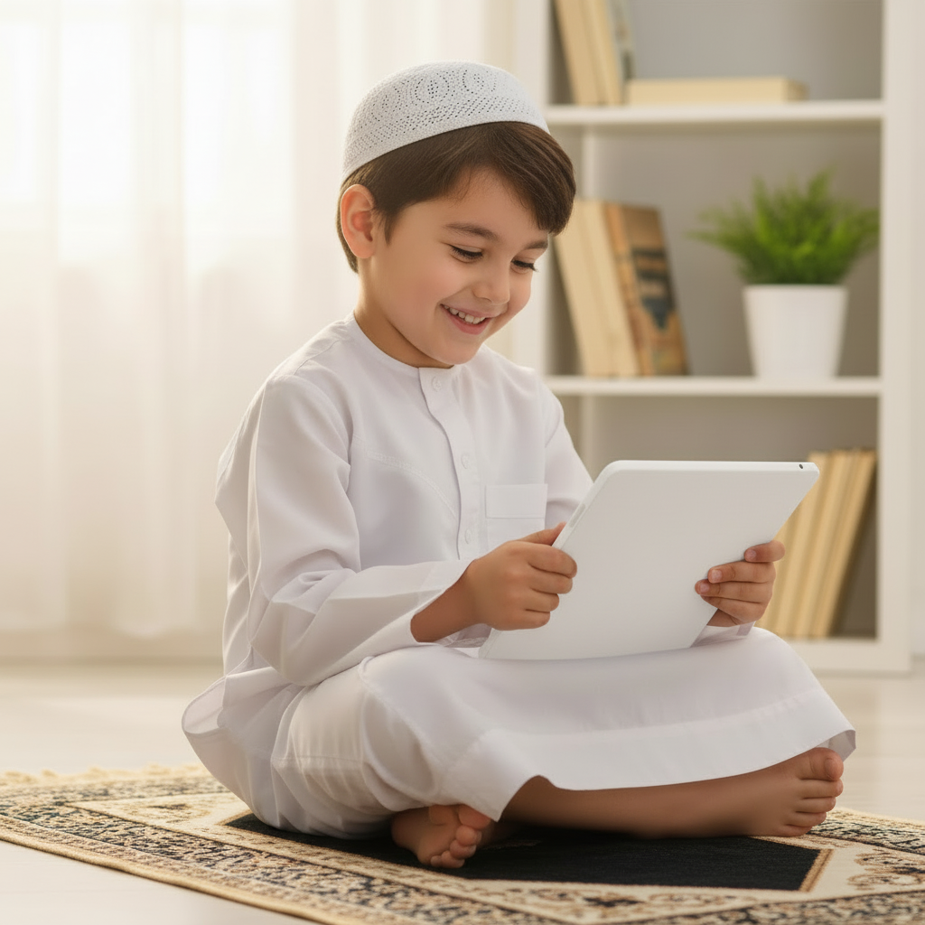 Muslim Kid Using Tablet Interactive Islamic Tablet for Kids – Arabic Learning & Quranic Educat ...