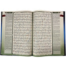 Compact A5 size Maqdis Al-Quran Al Kareem displaying original Arabic text with direct word-by-word English translation underneath and side margins showing Muhsin Khan translation.